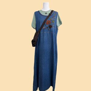 vintage 90s denim autumnal cottagecore granola maxi dress
